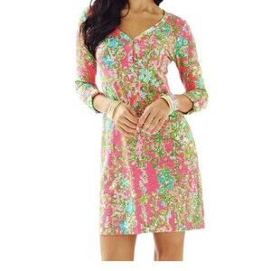 Lilly Pulitzer Palmetto V Neck Mini Dress Multi Hot Spot 3/4 Sleeve Small Cotton